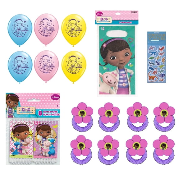 Disney Doc McStuffins Birthday Party Supplies Bundle includes 8 Plastic Loot Bags, 8 Mini Notebooks, 8 Hair Ties, 6 Latex Balloons, 1 Dinosaur Sticker Sheet