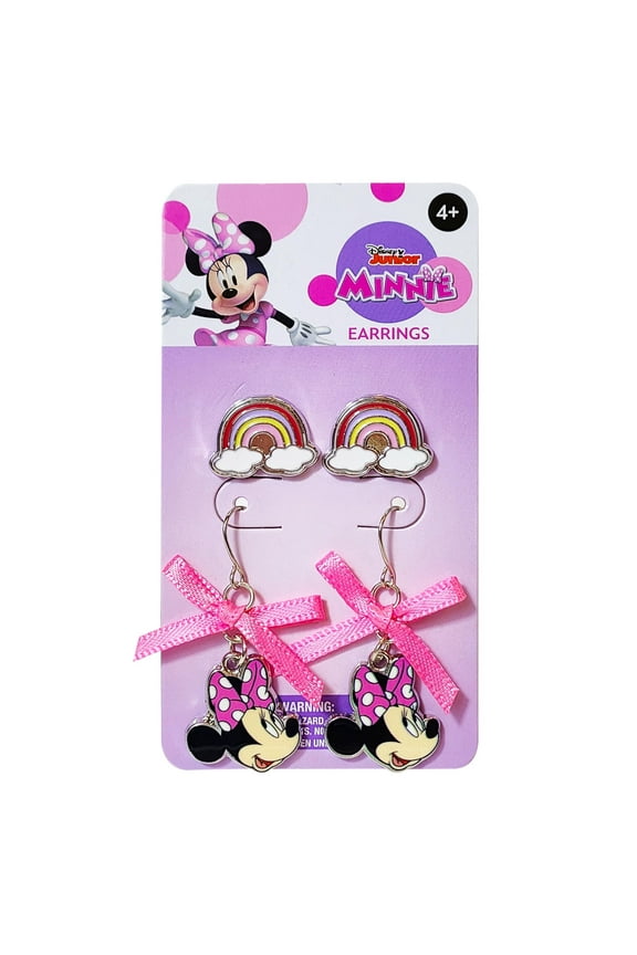 Disney Earrings: 2 Minnie Mouse Hypoallergenic Earrings for Girls (1 Stud Earrings & 1 Fishhook Drop) Cute Earrings with Charms One Size Fits All Girls Earrings, Disney Accessories for Girls Ages 4+
