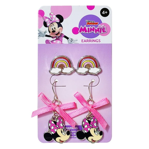Disney Earrings: 2 Minnie Mouse Hypoallergenic Earrings for Girls (1 Stud Earrings & 1 Fishhook Drop) Cute Earrings with Charms One Size Fits All Girls Earrings, Disney Accessories for Girls Ages 4+