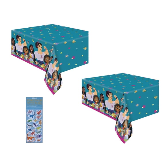 Disney Encanto Birthday Party Supplies Bundle includes 2 Plastic Table Cover 54" x 84", 1 Dinosaur Sticker Sheet