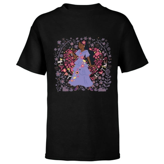 Disney Encanto Isabela Heart & Flowers Happy Valentine’s Day - Short Sleeve T-Shirt for Kids - Customized-Black
