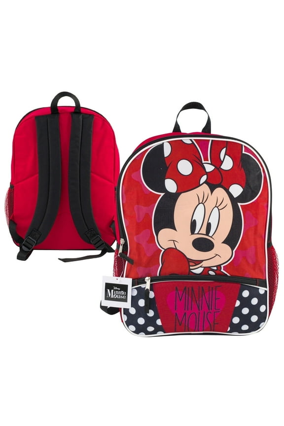 Female Mesh Pockets and Front Compartment Minnie Mouse backpack, Red Black