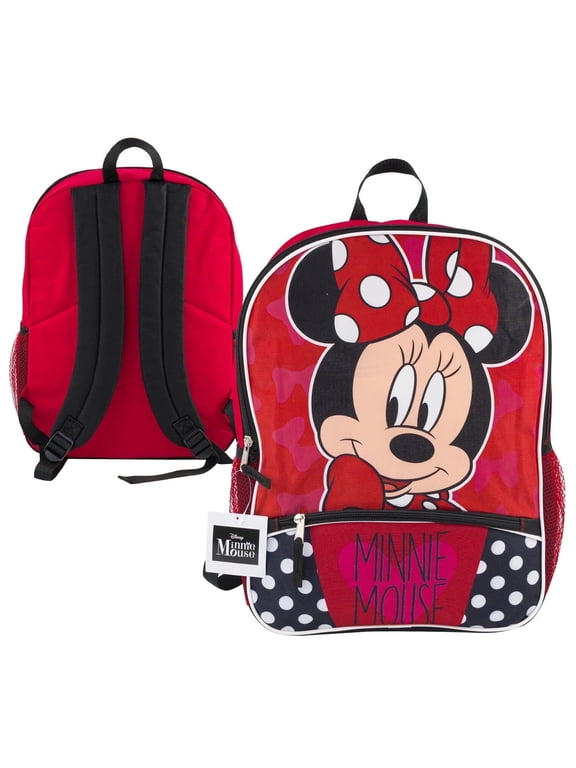 Female Mesh Pockets and Front Compartment Minnie Mouse backpack, Red Black