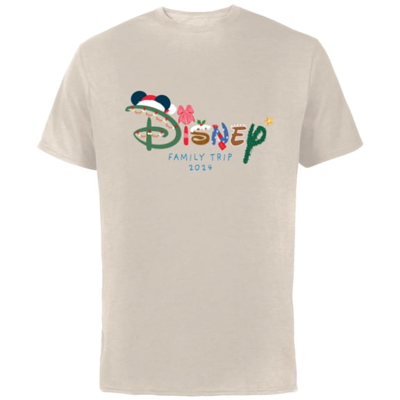 Disney Festive Fill Logo Christmas Holiday Family Trip 2024 - Short Sleeve Cotton T-Shirt for Adults - Customized-Natural