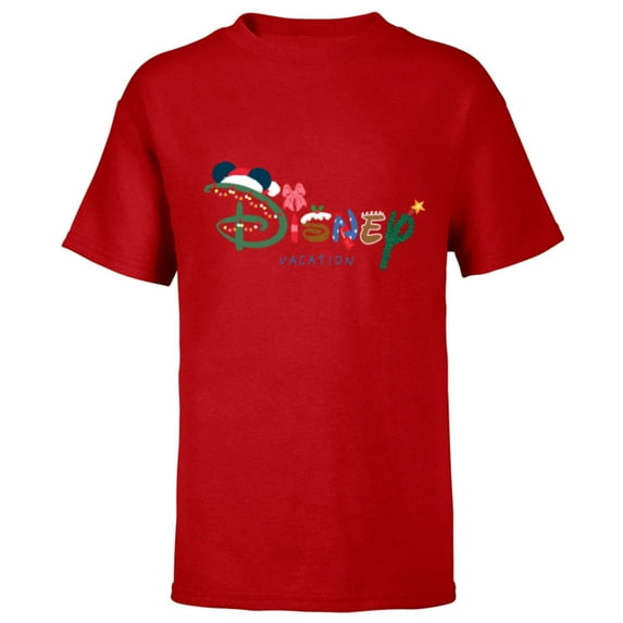 Disney Festive Fill Logo Holiday Trip Christmas Vacation - Short Sleeve T-Shirt for Kids - Customized-Red