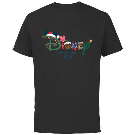 Disney Festive Logo Holiday Trip Christmas Vacation 2024 - Short Sleeve Cotton T-Shirt for Adults - Customized-Black