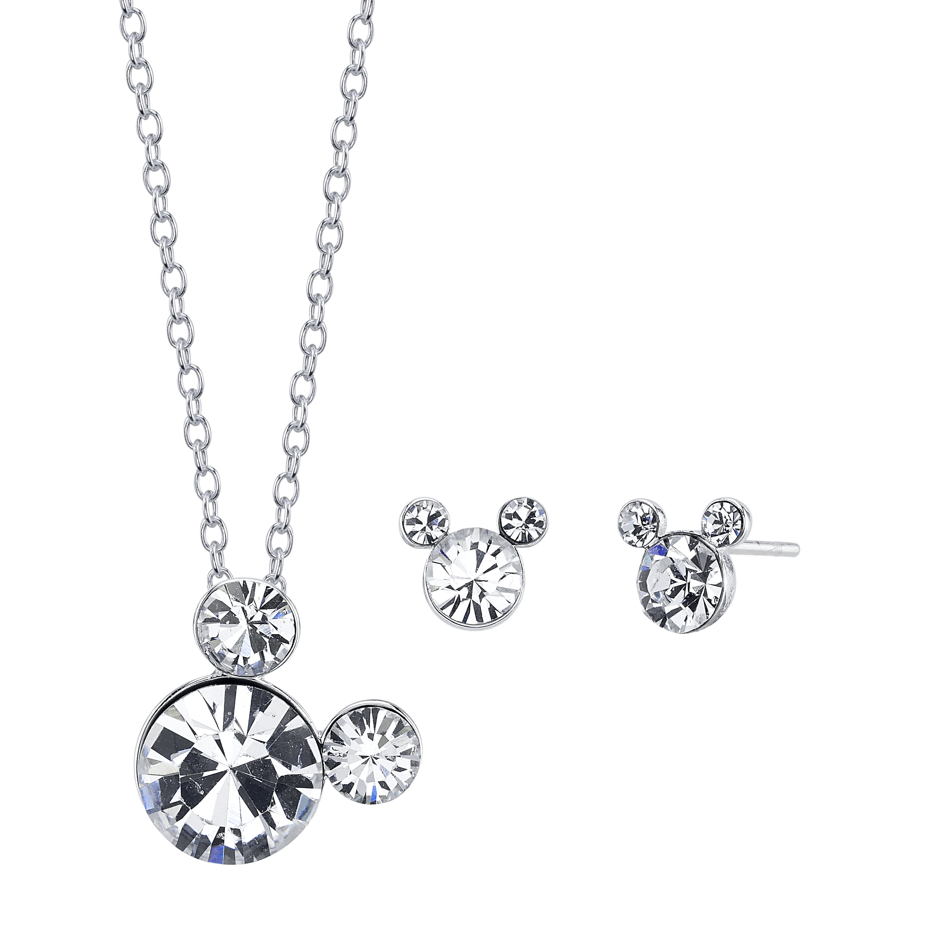 Disney Fine Silver Plated Crystal Mickey Mouse Pendant Necklace Earring