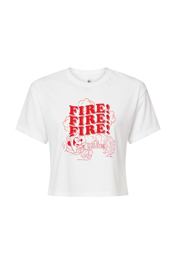 - Firefighter Mickey - FIRE! Stacked - Juniors Cropped Cotton Blend T-Shirt