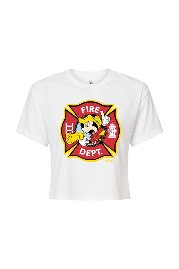 - Firefighter Mickey - Fire Dept. Alarm - Juniors Cropped Cotton Blend T-Shirt
