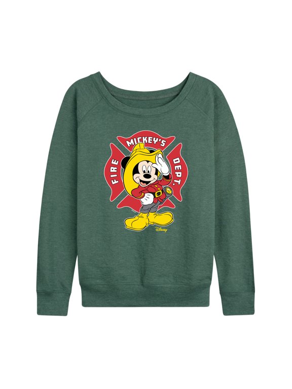 - Firefighter Mickey Women's Lightweight French Terry Wide Neck Long Sleeve Graphic Shirt