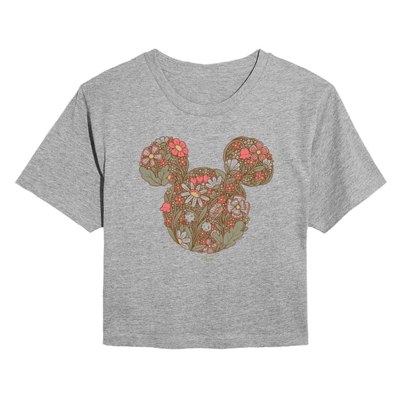 Disney - Floral Mickey Ears - Juniors Cropped Short Sleeve Graphic T-Shirt