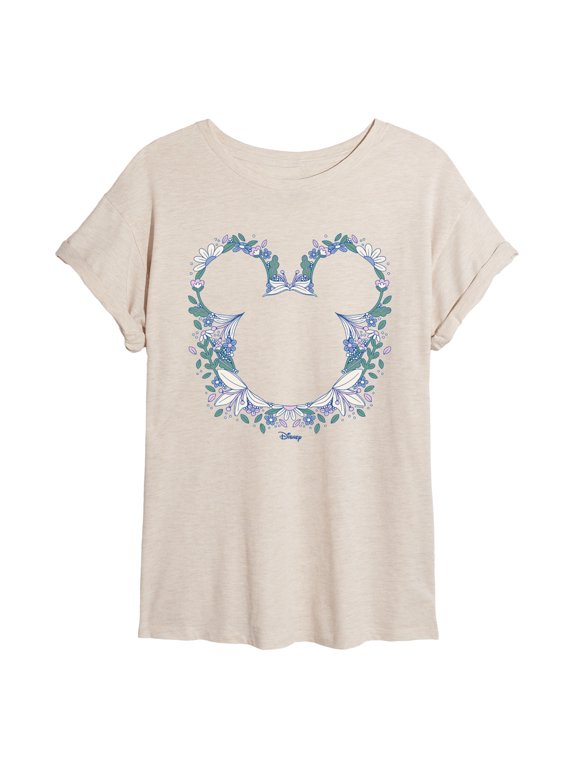 - Floral Mickey Head - Juniors Oversized Graphic T-Shirt