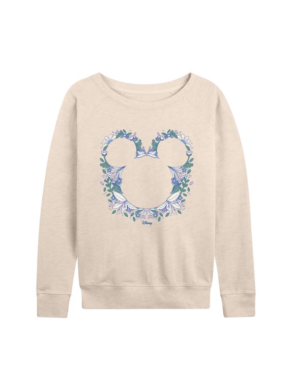 - Floral Mickey Head Women's Lightweight French Terry Wide Neck Long Sleeve Graphic Shirt