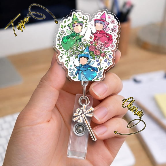Disney Floral Sleeping Beauty 3 Fairies Badge Reel, Once Upon A Dream Badge, Retractable ID Badge Holder, Gift For Nurse C2CP13