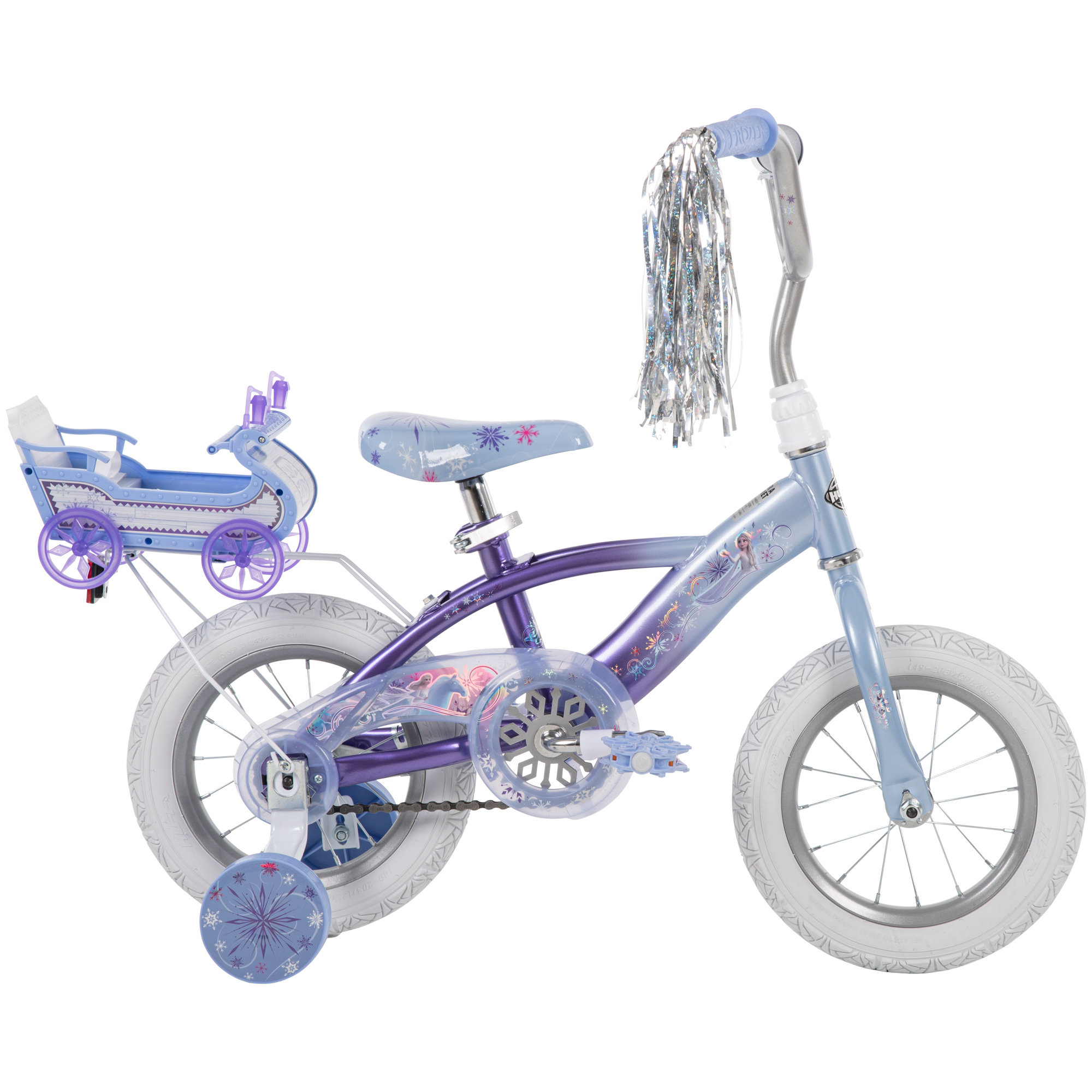 Disney Frozen 12 in. Bike with Doll Carrier Sleigh for Girl's, Ages 2+ Years, White and Purple by Huffy - image 1 of 19