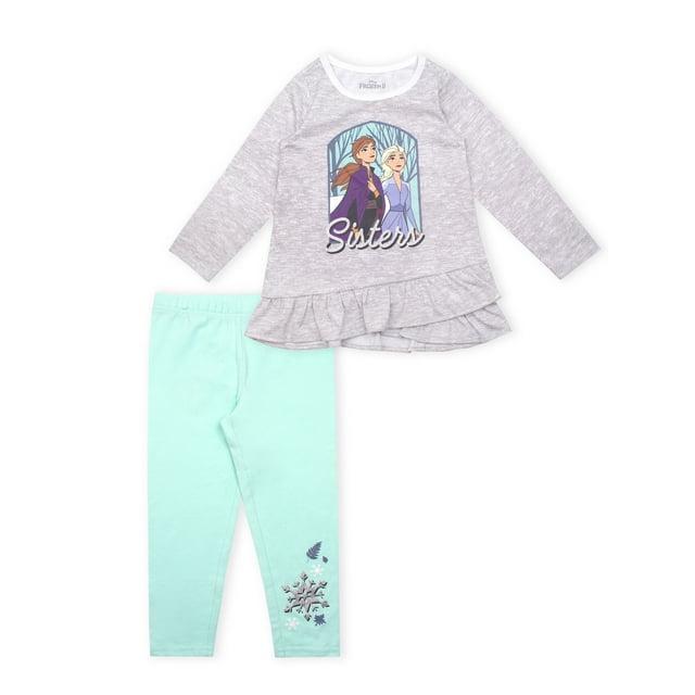 Disney Frozen 2 Anna Elsa Toddler Girl Asymmetrical Ruffle Top & Leggings, 2pc Outfit Set
