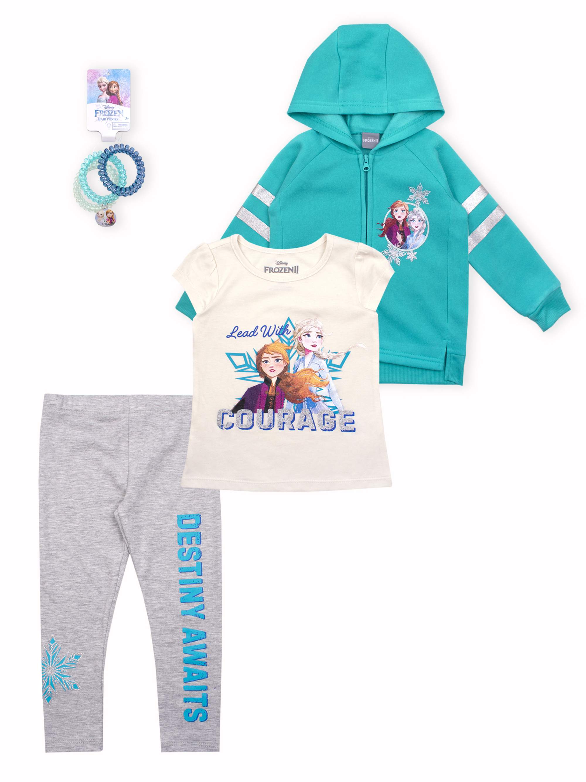 Disney Frozen 2 Anna Elsa Toddler Girl Hoodie, T-shirt, Leggings & Hairties, 4pc Outfit Set - image 1 of 4