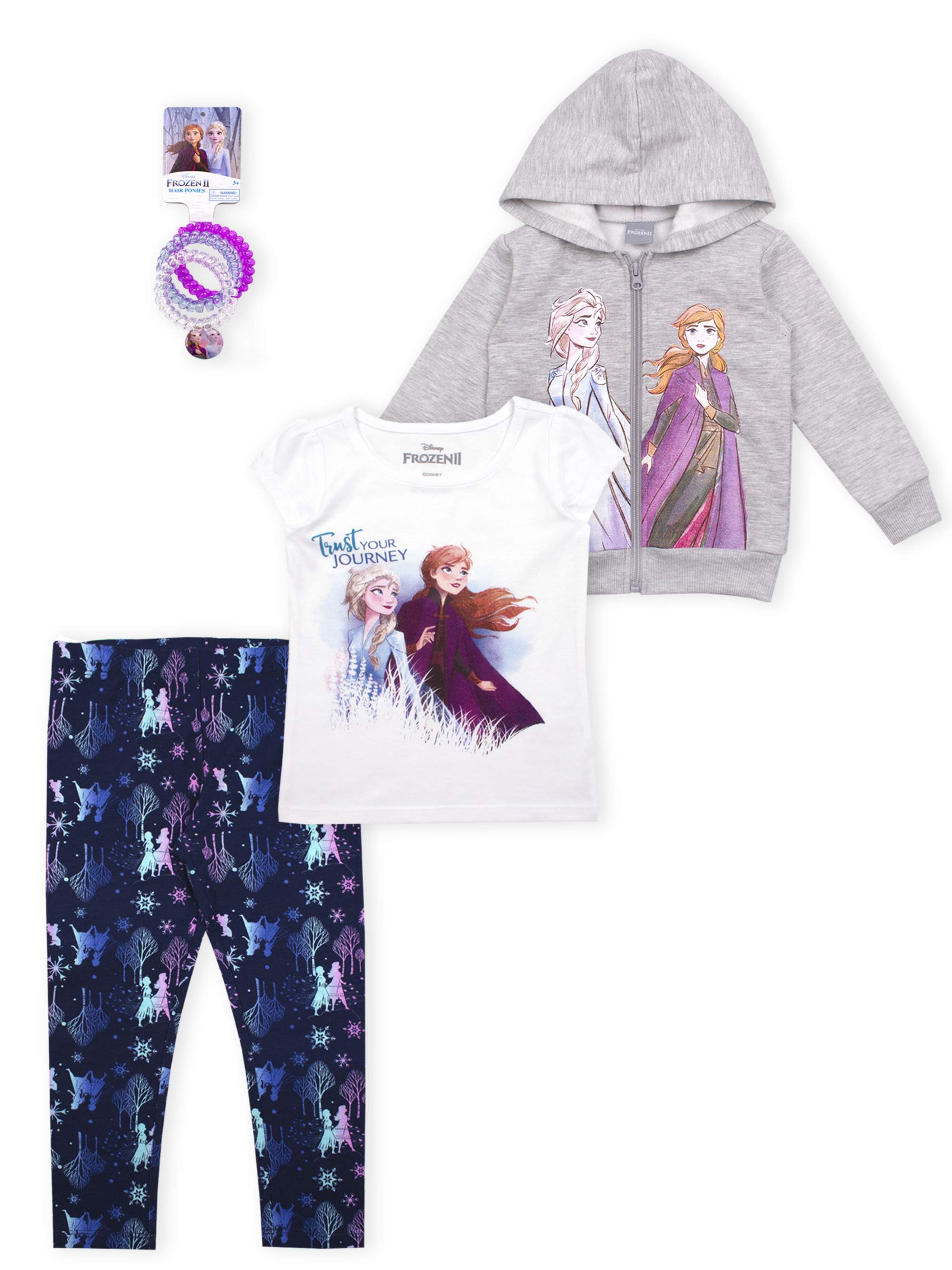 Disney Frozen 2 Anna Elsa Toddler Girl Hoodie, T-shirt, Leggings & Hairties, 4pc Outfit Set - image 1 of 2