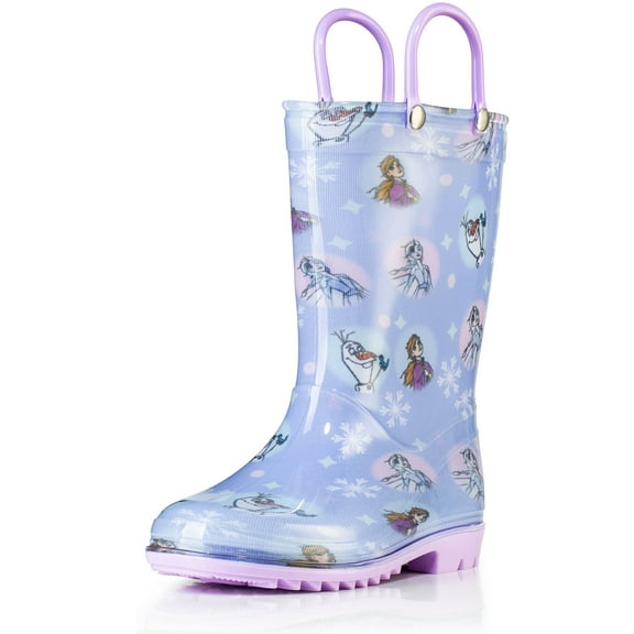 Disney Frozen 2 Girls Anna, Elsa and Olaf Purple PVC Waterproof Licensed Rain Boots Easy-On Handles - Size 10 Toddler