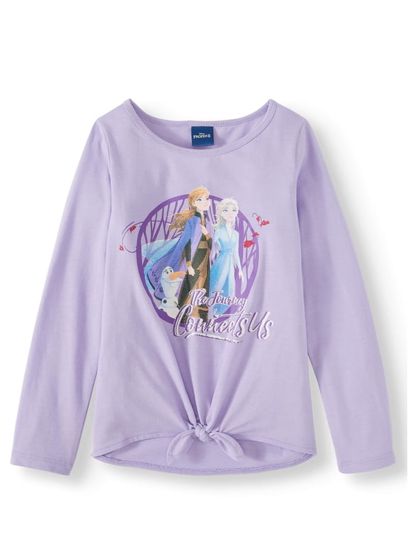 Disney Frozen 2 Girls Elsa and Anna Glitter Long Sleeve Tie Front T-Shirt, Sizes 4-12
