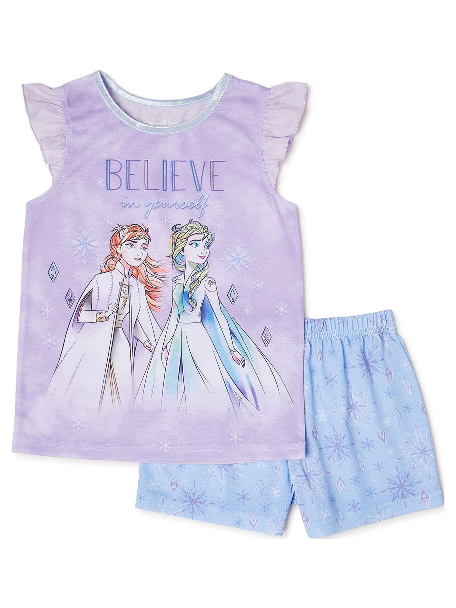 Disney Frozen 2 Girls Ruffle Short Sleeve Top and Shorts, Classic 2-Piece Pajama Set, Sizes 4-10