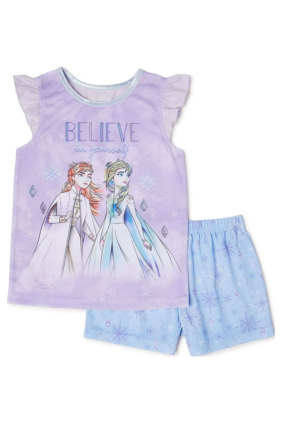 Disney Frozen 2 Girls Ruffle Short Sleeve Top and Shorts, Classic 2-Piece Pajama Set, Sizes 4-10
