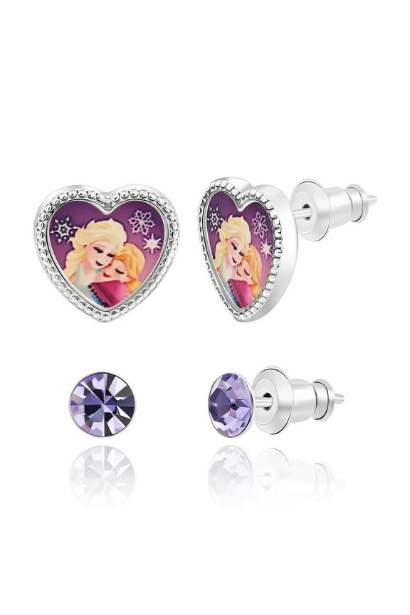 Frozen Anna and Elsa Heart Sisters and Purple Crystal Stud Earrings Set - 2 Pairs