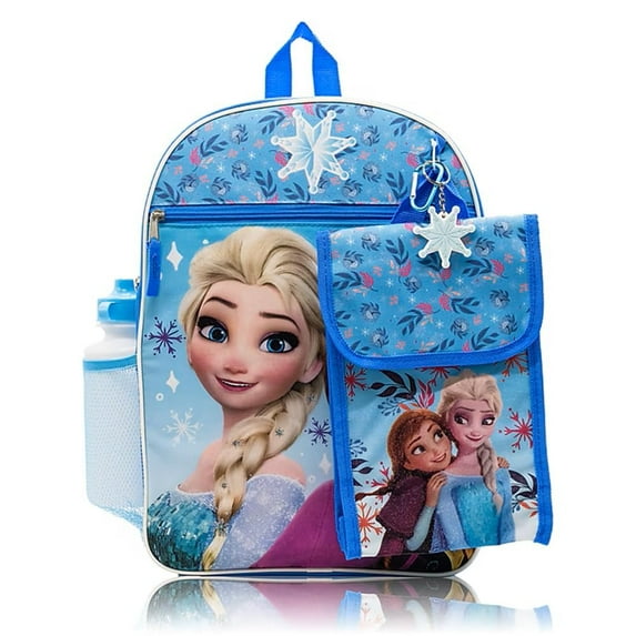 Disney Frozen Anna and Elsa Kids School Backpack 16" 5PC Lunch Kit, Keychain, Metal Carabiner, and Water Bottle