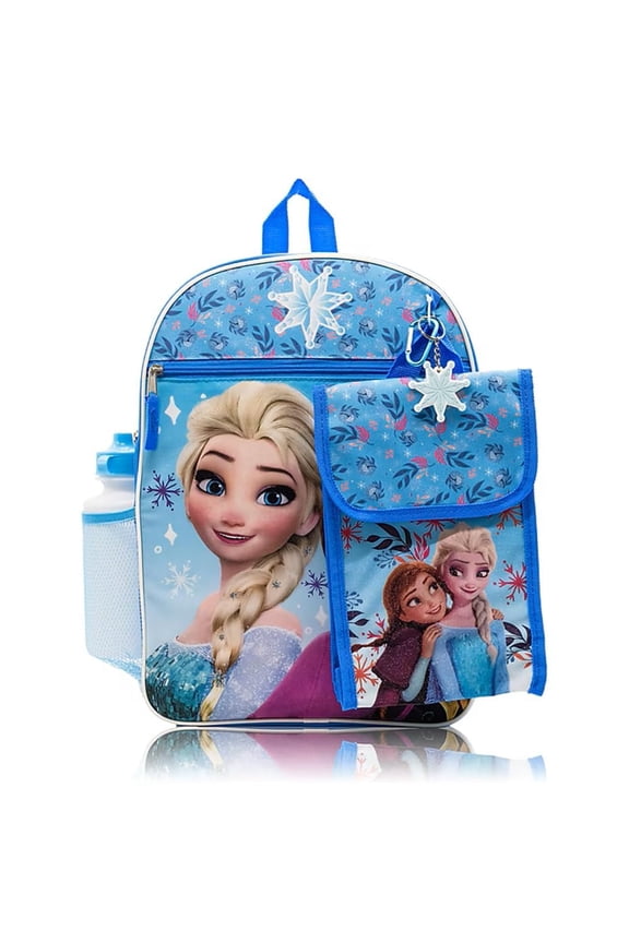 Disney Frozen Anna and Elsa Kids School Backpack 16" 5PC Lunch Kit, Keychain, Metal Carabiner, and Water Bottle