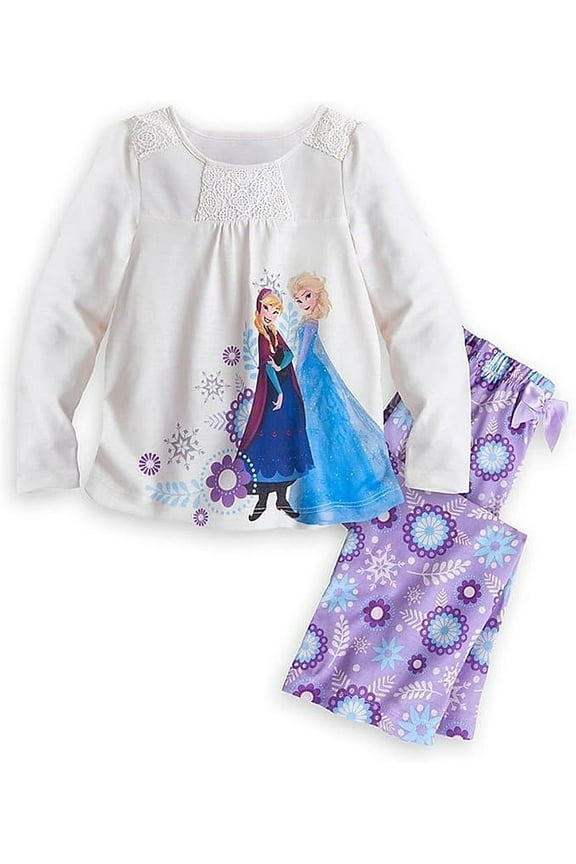 Frozen Anna and Elsa Polyester Jersey Pajama Top, Floral PJ Pants Set (Size 9/10)