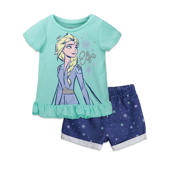 Disney Frozen Big Girls' 2-Piece Tee and Shorts Set Elsa Mint Green Navy