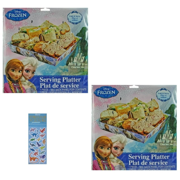 Disney Frozen Birthday Party Supplies Bundle Includes 2 Serving Paper Platters for Cupcake, Snacks, Sandwiches and More, 1 Dinosaur Sticker Sheet
