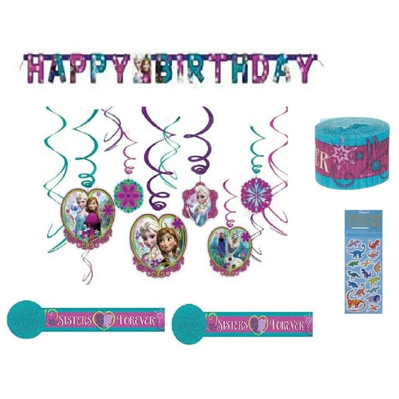 Disney Frozen Birthday Party Supplies Bundle includes 12 Piece Hanging Swirl Decorations, 1 Happy Birthday Banner, 2 Rolls Crepe Paper Streamers, 1 Dinosaur Sticker Sheet