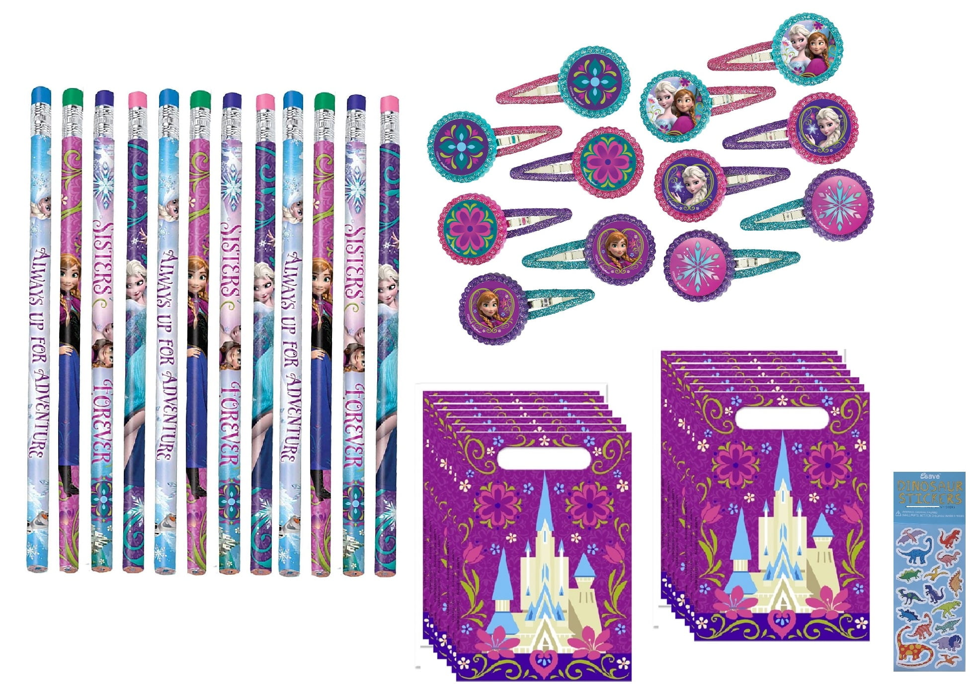 Unique Disney Frozen Party Favors Bundle, 16 Loot Bags, 12 Pencils, 12 Hair Clips