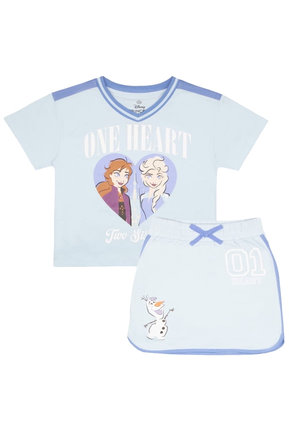 Frozen Elsa & Anna Girls 2-Piece Set - Casual Short Sleeve Graphic Print T-Shirt and Skort Bundle for Kids (Sizes 3T-16)