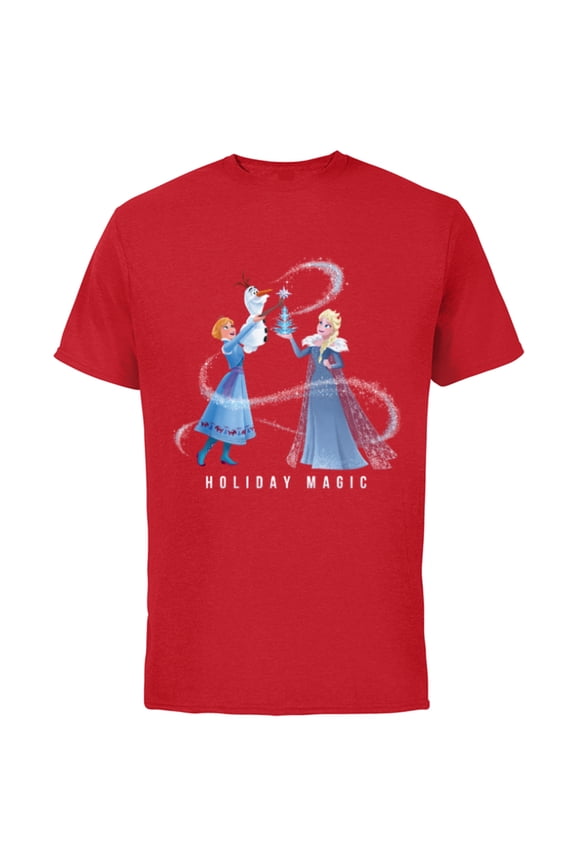 Frozen Elsa Anna & Olaf Holiday Magic - Short Sleeve Cotton T-Shirt for Adults - Customized-Red