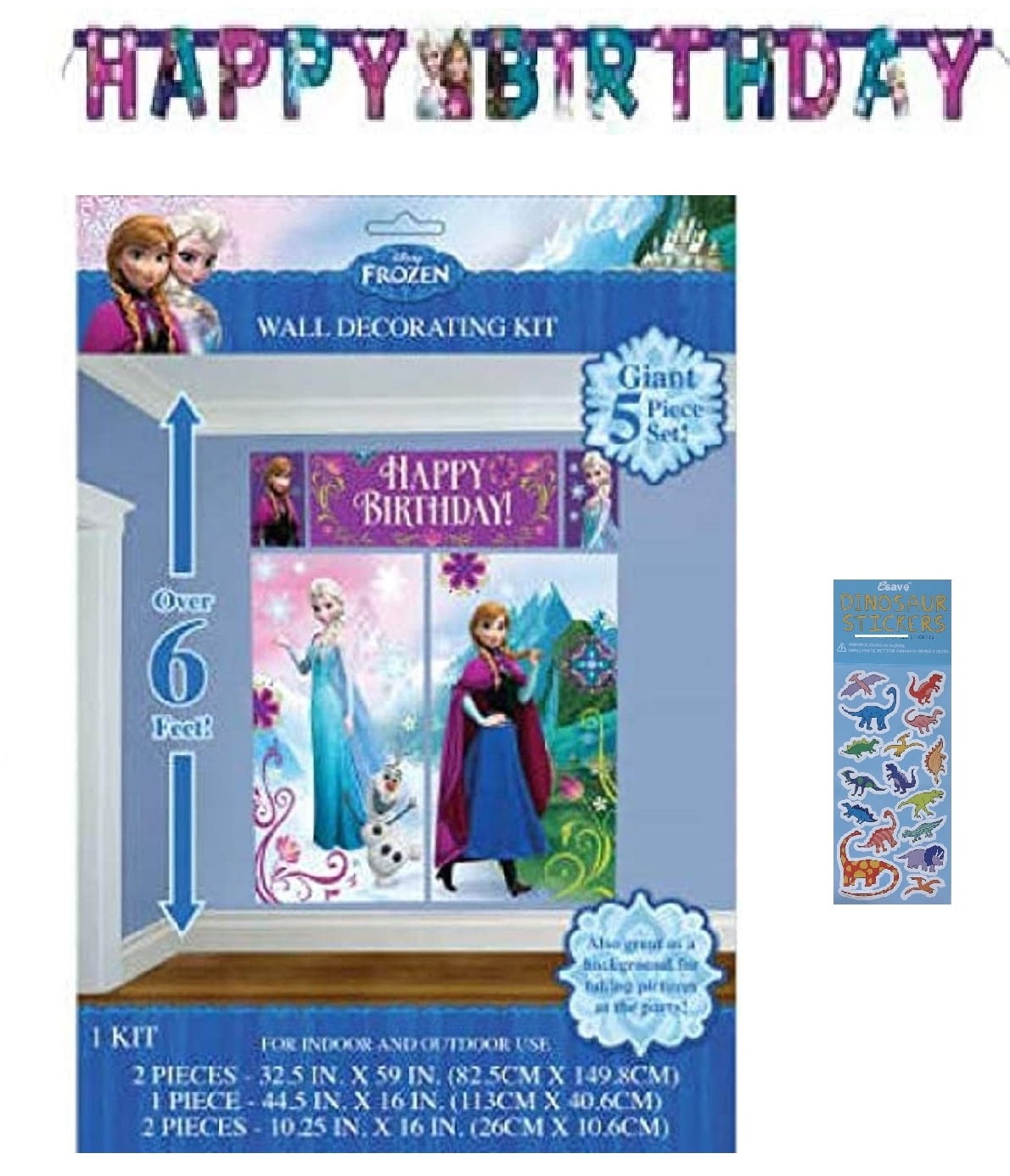 Disney Frozen Elsa Anna Princess Birthday Party Supplies Bundle includes 1 Large Plastic Scene Setter Photo Picture Backdrop, 1 Happy Birthday Banner, 1 Dinosaur Sticker Sheet