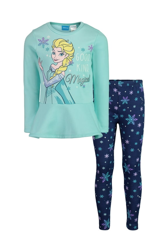 Elsa Big Girls Long Sleeve Fleece Peplum T-Shirt Leggings Set Blue 8