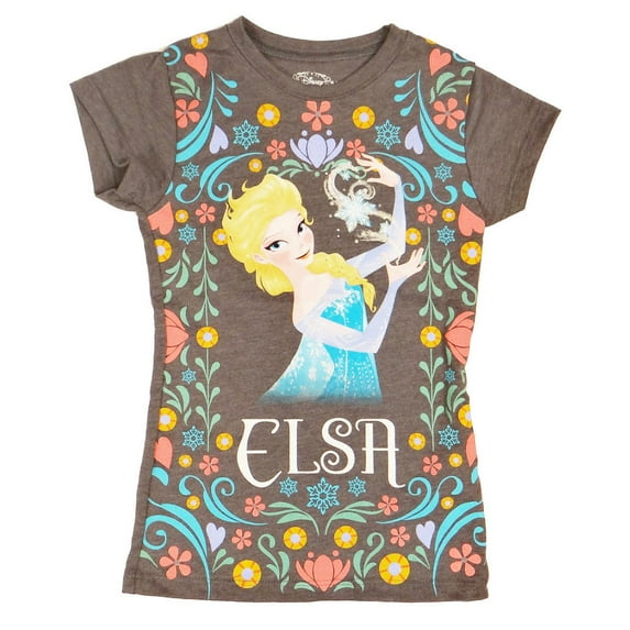 Disney Frozen Elsa Floral Pattern Girls Heather Grey T-Shirt | L