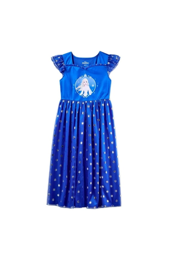 Frozen Elsa Girl's Blue Shimmery Snowflake Satinet Tulle Nightgown (X-Small 4/5)