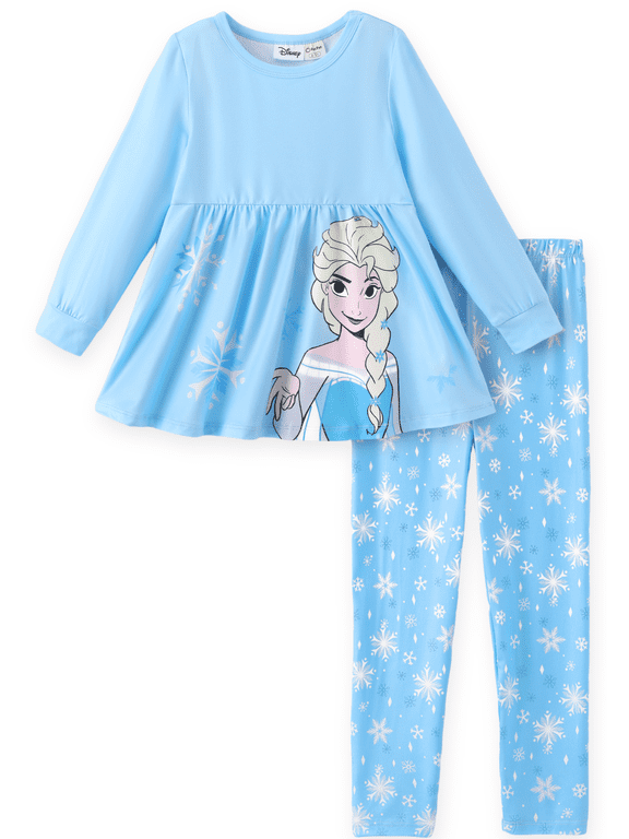 Frozen Elsa Girls 2 Piece Outfit Blue Dress Top and Snowflake Leggings Set Toddler Kid 5-6Y