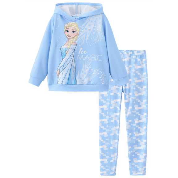 Disney Frozen Elsa Girls 2 Piece Outfit Blue Hoodies Sweatshirts Printed Leggings Set School Kids