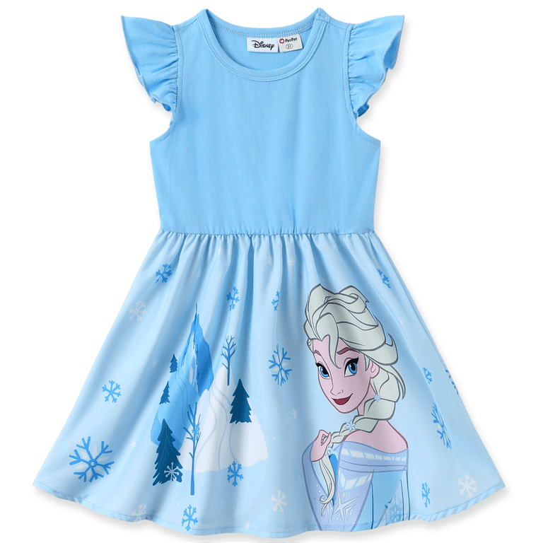 Disney Frozen Elsa Girls Dresses Cotton Graphic Blue Casual Flowy Summer Birthday Sundresses Gift Toddlers Kids 4-5T