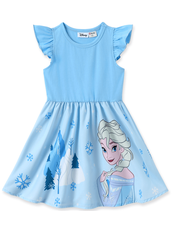 Frozen Elsa Girls Dresses Cotton Graphic Blue Casual Flowy Summer Birthday Sundresses Gift Toddlers Kids 4-5T