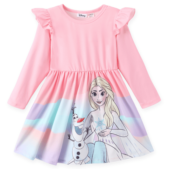 Disney Frozen Elsa Girls Dresses Olaf Graphic Pink Ruffle Long Sleeve Birthday Fall Dress Kids