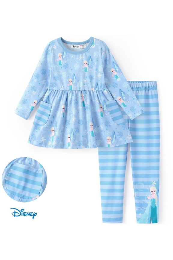 Frozen Elsa Girls Outfits Set Graphic Tee Dress with Pocket and Stripe Legging Pant Set Kids 5-6Y