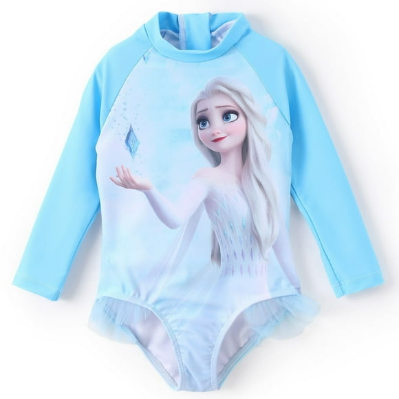 Disney Frozen Elsa Girls Rash Guards, Graphic Long Sleeves Princess Swimsuits Summer Bathing Suits Sizes 2-6T