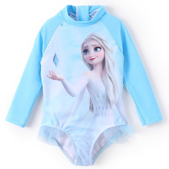 Disney Frozen Elsa Girls Rash Guards, Graphic Long Sleeves Princess Swimsuits Summer Bathing Suits Sizes 2-6T