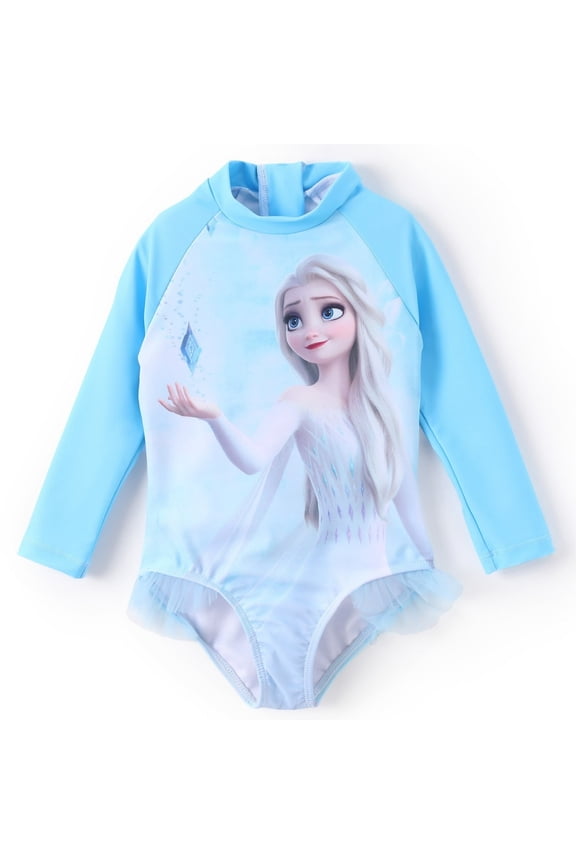 Frozen Elsa Girls Rash Guards, Graphic Long Sleeves Princess Swimsuits Summer Bathing Suits Sizes 2-9