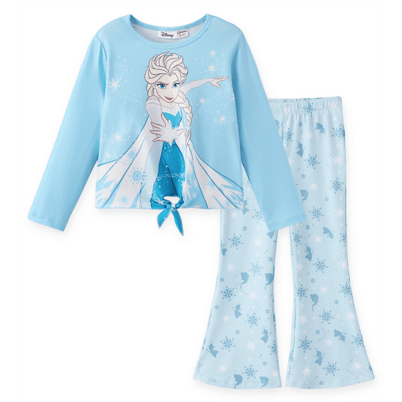 Disney Frozen Elsa Girls Shirts Blue Tie Front Top Snowflake Flare Pants 2Pcs Outfit Set Toddler Kid